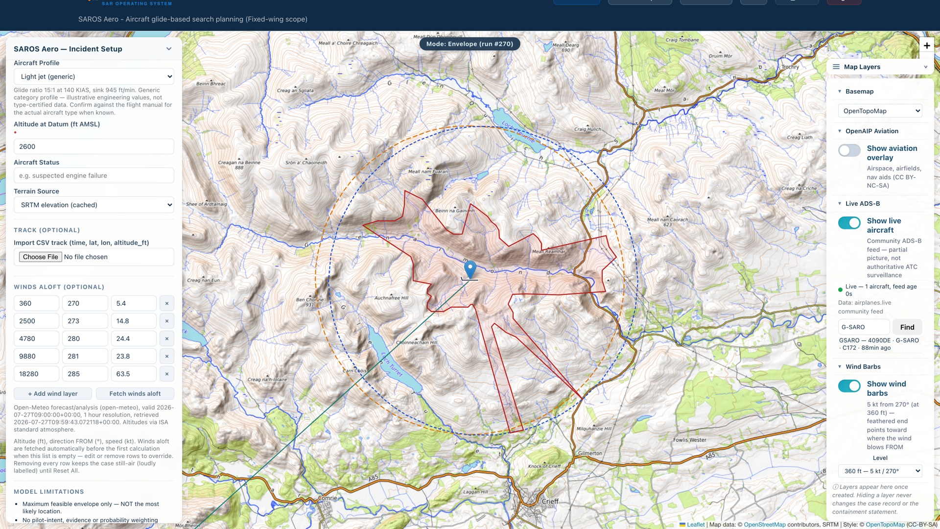 SAROS Aero with the Live ADS-B layer active: aircraft found by registration, feed age shown, wind barbs and terrain-constrained glide envelope over a topographic chart